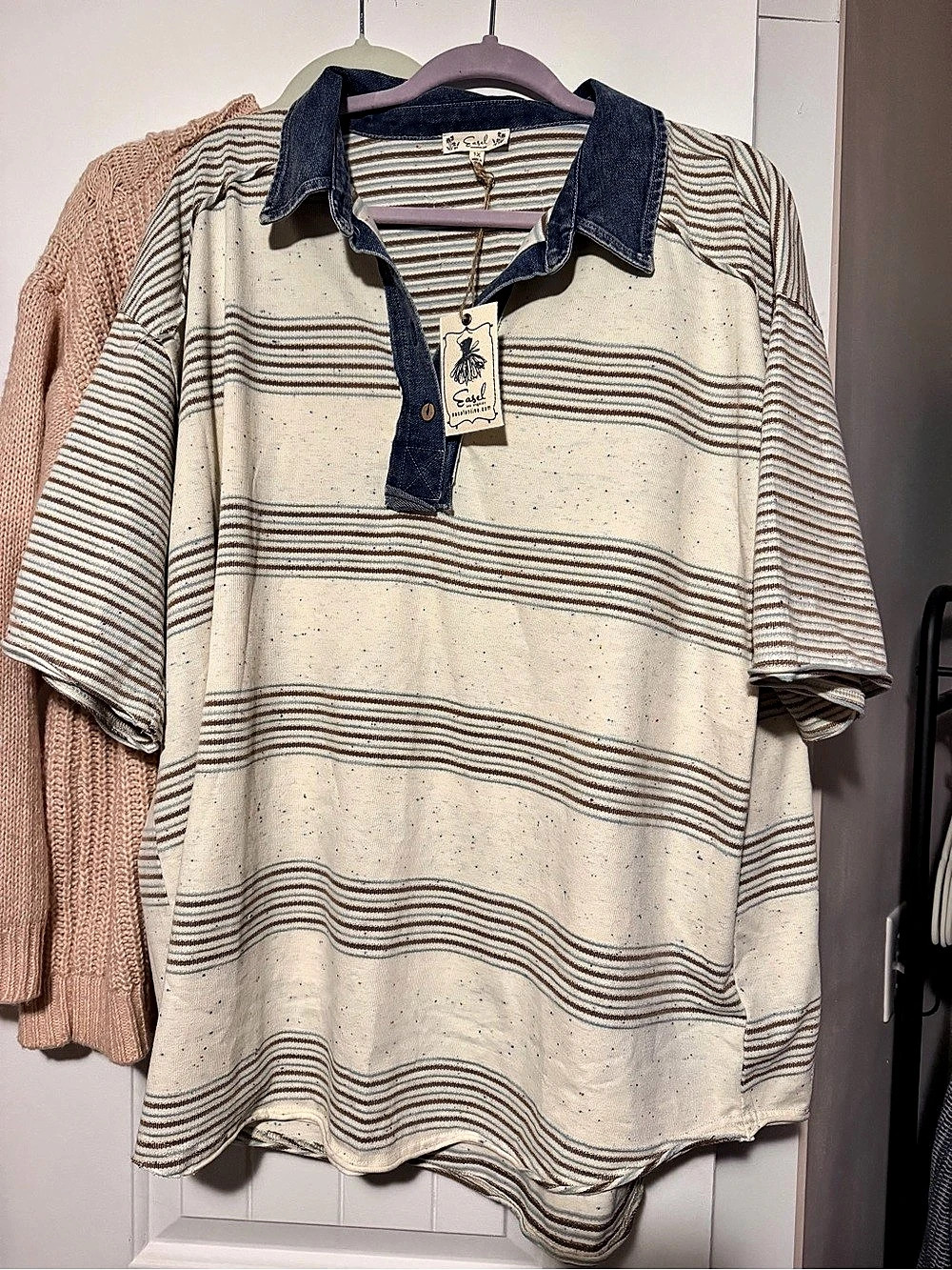 Easel Boutique Striped Polo in Cream & Blue NWT